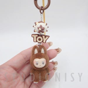 StudioNisy Handmade Zimomo Labubu The Monsters soft short fur 3&quot; Bean custom unique handmade keychain or phone charm- angel in clouds