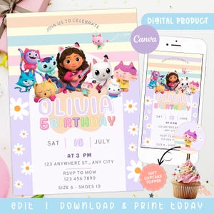Editable Gabby&#39;s Dollhouse Birthday Invitation Template, Kids&#39; Birthday, Dollhouse Birthday, Gabby&#39;s Dollhouse Invitation, Editable Template