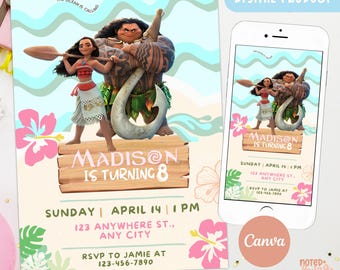 Editable Moana Birthday Invitation, Kids Theme Party Invitation Template, Moana Birthday Invitation, Moana Digital Invitation Template