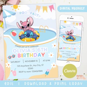 Plantilla de invitación para fiesta de Stitch, invitación de cumpleaños de Stitch de verano, plantilla de Canva, invitación para fiesta en la piscina, invitación para fiesta en la piscina de Stitch