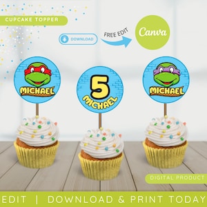 Puede incluir: Tres cupcakes con glaseado blanco y chispas de colores. Cada cupcake tiene un adorno temático de las Tortugas Ninja con el nombre "Michael" o el número "5". Los adornos están sobre palitos de madera. El texto en la imagen dice "Cupcake Topper", "Download", "Free Edit" y "Digital Product".