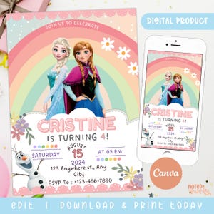 Frozen Birthday Invitation, Editable Elsa Frozen Party Invitation, Frozen kids birthday invitation,  Anna and Elsa,  Frozen Party Invitation