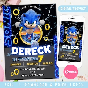 Convite de aniversário do Sonic, modelo do Canva, modelo de convite para festa do ouriço para imprimir, convite para menino, convite para festa do Super Sonic