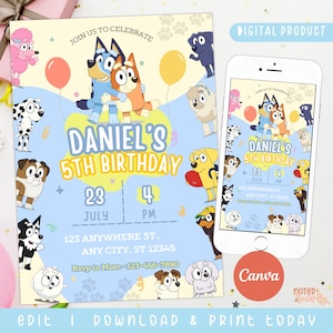 Blue Dog Birthday Invitation, Blue birthday party invitation, birthday party invitation, Canva Template, Instant Download, kids invitation