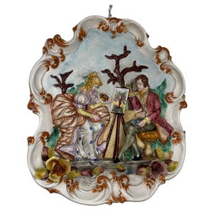 Vintage italienische Wandbehang-Plakette, balancierendes Paar Künstler-Szenen-Dekor