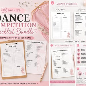 May include: A ballet dance competition checklist bundle in pink and white. The bundle includes a to-do list, competition checklist, and notes pages. The text says "Printable PDF for Dance Moms".