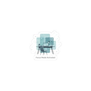 May include: A sticker featuring a minimalist illustration of a workspace. A desk with a laptop, lamp, and small plant is in front of a chair. The text "Focus Mode Activated" is below the desk. The background has a series of overlapping blue rectangles.