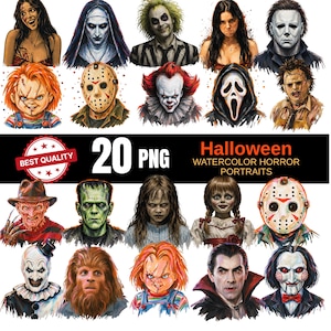 Puede incluir: Una colección digital de 20 archivos PNG con retratos de terror en acuarela de personajes de películas icónicas. El conjunto incluye ilustraciones de varios villanos y figuras con expresiones detalladas, colores vibrantes y texturas de pintura.