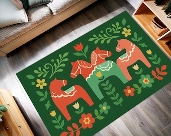Boho Patchwork Rug: Green Floral Scandinavian Dala Horse Design
