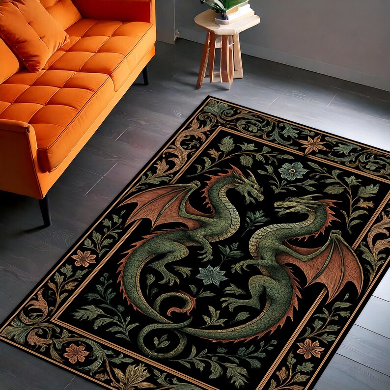 Dragon Small Rug Two-headed Dragon Turkish Rug: Gothic Floral Medieval Fantasy Decor - Etsy