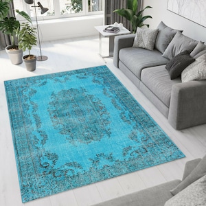 Vintage Turquoise Medallion Area Rug – Distressed Boho Carpet for Living Room, Custom Sizes, Machine Washable Non-Slip Floor Decor