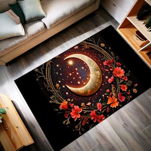 Turkish Moon and Stars Rug – Crescent Floral Celestial Printed Carpet for Witchy Boho Bedroom or Whimsical Living Room Decor