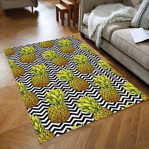 Yellow Pineapple Chevron Rug: Modern Fruit Pattern Area Carpet