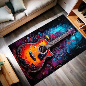 Colorful Guitar Turkish Rug – Music Themed Modern Art Carpet for Rock Lover Home Decor