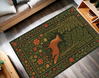 Cottagecore Türkischer Teppich mit Fuchsdruck: Walddekor
