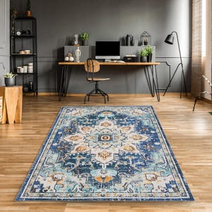 Blue Medallion Turkish Area Rug: Distressed Oriental Carpet