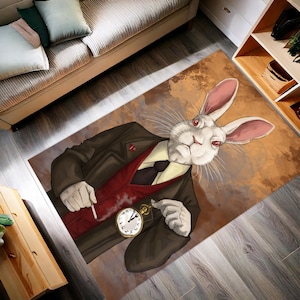 White Rabbit Turkish Rug: Alice in Wonderland Art, Boho Kilim Style