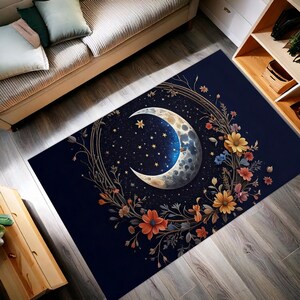 Celestial Moon Turkish Rug – Starry Night Floral Carpet for Boho Bedroom, Witchy Decor & Cosmic Home Vibes