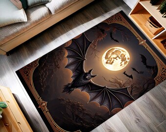 Bat Moon Turkish Rug: Gothic Halloween Decor, Vintage Kilim Style