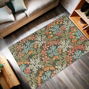 Arts & Crafts Floral Botanical Area Rug – Boho Cottagecore Earthy Green Living Room Decor Carpet