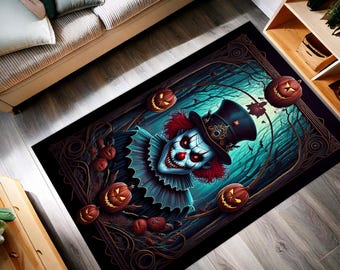 May include: A rectangular Halloween-themed rug featuring a sinister clown with red hair and a top hat. The clown is surrounded by jack-o'-lanterns and a spooky forest backdrop, with a dark border. The rug is designed for indoor use.