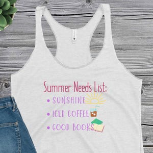 Besoins en été : soleil, café glacé, débardeur dos nageur pour femme Good Books--Joli débardeur de lecture d&#39;été pour femme, chemise amateur de livres et de café