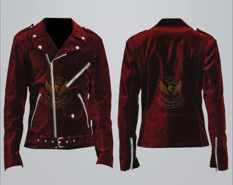 Handmade Men's Burgundy Velvet Biker Jacket – Gothic Steampunk