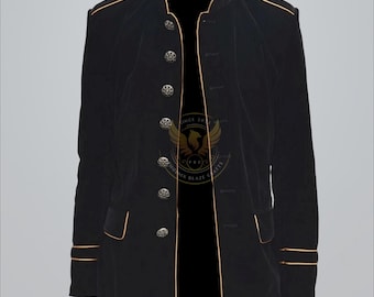 May include: A black velvet jacket with gold trim and decorative silver buttons. The jacket has a high collar and a tailored fit, with gold trim along the edges and cuffs. The jacket is a formal style.