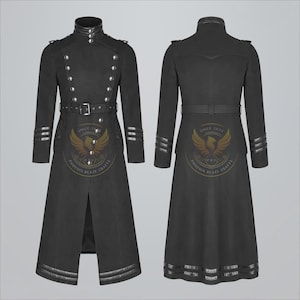 Peut inclure: Un manteau noir de style militaire avec un col montant, une double rangée de boutons et des boutons argentés. Le manteau est doté d'une ceinture à la taille et de rayures argentées décoratives sur les manches. Le dos du manteau porte le logo "Phoenix Blaze Crafts" et "Since 2024".