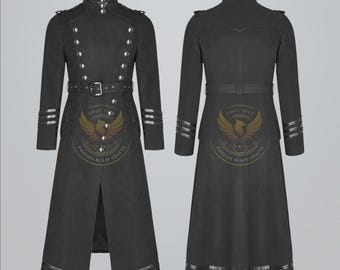 Herren Gothic Militär Trenchcoat Steampunk lange schwarze Baumwolle Hell Raiser Jacke