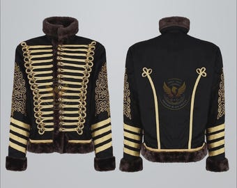 Men Handmade Black Cotton Gold Hussar Military Jacket Steampunk Cosplay With Fur