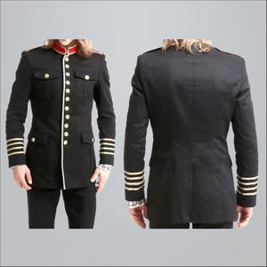 Men Military Style Coat Steampunk Jacket Black Cotton Officer Parade Uniform