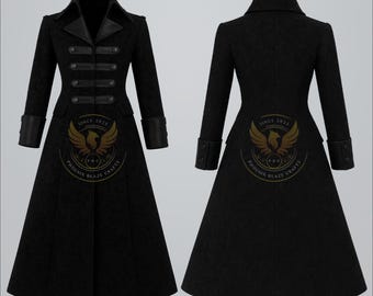 May include: A black long coat with a textured pattern, featuring a double-breasted front with four buttons and leather accents on the collar and cuffs. The coat has a flared skirt and a logo on the lower front and back. The logo says "Phoenix Blaze Crafts" and "Since 2025".