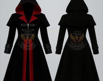Women Black Red Hooded Gothic Victorian Steampunk Long Coat Cosplay Trench