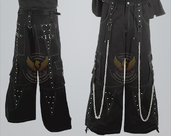 Gothic Punk Rave Cyber Zwarte wijde broek Kettingen en studs Steampunk Tripp-stijl