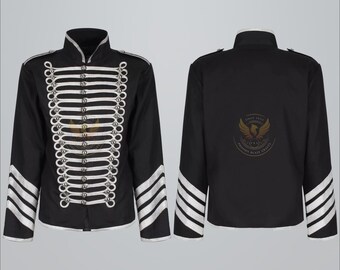 Men Black Silver Military Steampunk Napoleon Hussar Drummer Parade Jackets