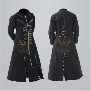 May include: Black long coat with a high collar, zipper closure, and decorative silver accents. The coat features a split front design and a logo with a phoenix and the text "Phoenix Blaze Crafts". The back has a button closure and the text "Since 2023".