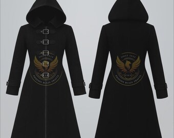 Women Black Gothic Halloween Hooded Steampunk Military Long Coat Trench Jacket