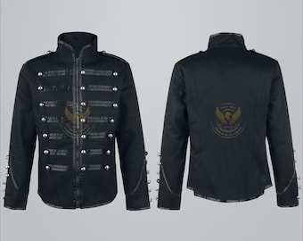 May include: Black military-style jacket with silver-colored buttons and trim. The jacket features a high collar, a zipper closure, and decorative straps. The back of the jacket has a logo with a bird emblem.