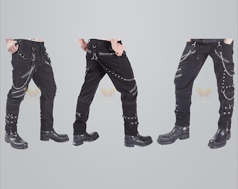 Gothic Punk Chain Pants: Studded Black Cotton Trousers, Rave Tech Wear