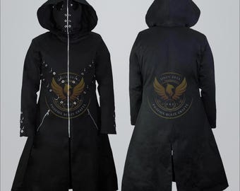 Men's Gothic Cyberpunk Hooded Coat Masked Steampunk Trench D-Ring Jacket