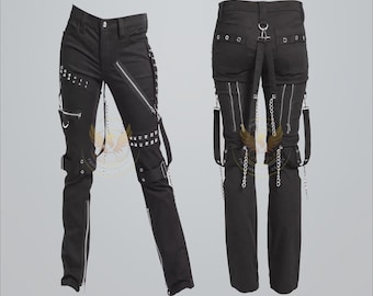 Black Gothic Bondage Pants, Studded Chains Zippers, Emo Punk Rock Tech Wear