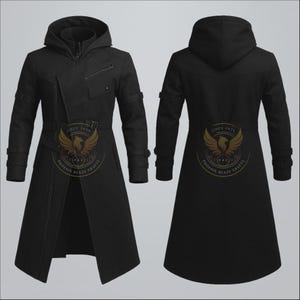 May include: Black hooded coat with a unique asymmetrical design, featuring a zipper, pockets, and belt. The coat has a long length and is displayed from the front and back. The coat has the text "SINCE 2022 PHOENIX BLAZE CRAFTS" on the back.