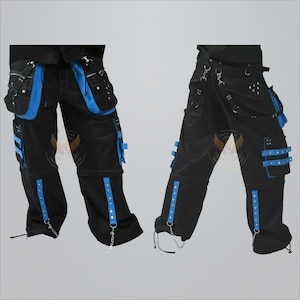 May include: Black cargo pants with blue accents. The pants feature multiple pockets, straps, and silver chain details. Blue trim is visible on the pockets and along the legs. The pants have a unique, edgy design.