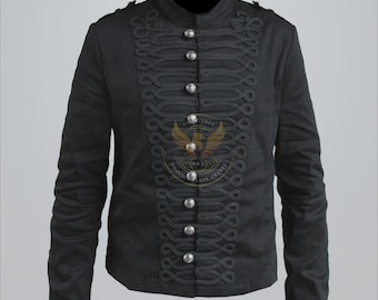 Men Gothic Military Jacket Black Parade Band Uniform Steampunk Hussar Style Coat