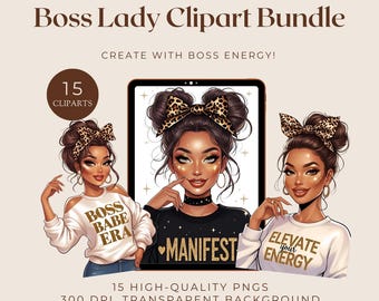 May include: Digital clipart bundle titled "Boss Lady Clipart Bundle." The image features three illustrations of women with leopard print bows and stylish outfits. Text includes "Boss Babe Era," "Manifest," and "Elevate Your Energy." The bundle includes 15 high-quality PNGs.