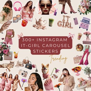 May include: A collection of images in pink and beige tones, featuring a pink car, flowers, a cat, and various accessories. The text reads "300+ Instagram It-Girl Carousel Stickers Trending."
