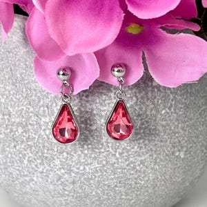 Peut inclure: Boucles d'oreilles pendantes argentées avec des pierres roses en forme de goutte d'eau. Les boucles d'oreilles sont présentées sur un fond de fleurs roses et un vase gris texturé.