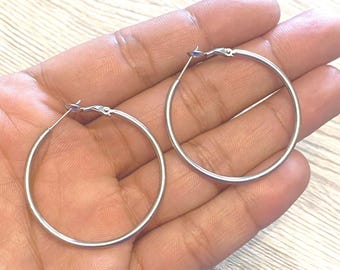 Handmade Titanium Silver Hoop Earrings: Hypoallergenic, Dainty Hoops, waterproof, 40mm, 50mm, 60mm, 70mm