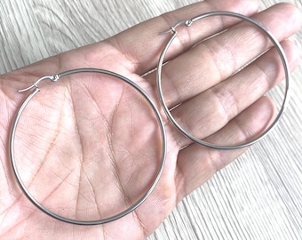 Handmade Hypoallergenic Titanium Hoop Earrings, waterproof, Everyday Chic (50mm, 60mm, 70mm)